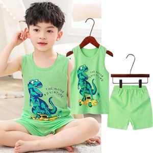 Pajamas Animal cartoon sleeveless dinosaur boy pajamas childrens pajamas 1-10 years old childrens clothing set girls clothing WX5.21