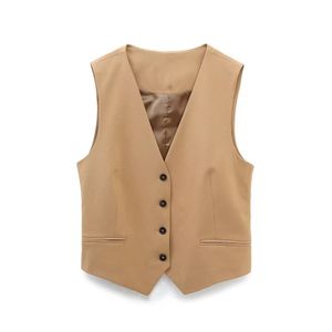Willshela Women Fashion Khaki Cropped Vest VNeck Single Breasted Sleeveless Female Chic Lady Outfit Short Top Tank 240522