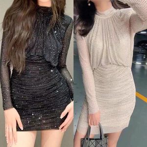 Casual Dresses Cross Border 2024 Autumn/Winter Classic Heavy Industry Diamond Pleated Midje Wrap Hip Dress Shiny Party Spring Se Black and