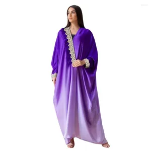 Casual Dresses Gradient Purple Lace Dress Woman Middle East Dubai Fashion Feather Robes Muslim Spring Summer Maxi