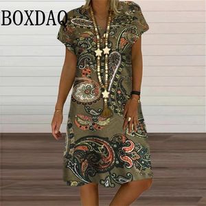 Casual Dresses Women Ethnic Paisley Summer Retro Floral 3D Print Loose Midi Dress Plus Size Mode V-Neck Kort ärm Kvinnlig kläder