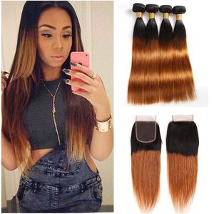 Peruvian Virgin Hair Extensions With 4X4 Lace Closure 1B/30 Straight Human Hair Wefts With Closure 4 Pieces/lot Lace Closure Baby Hair Wkdsv