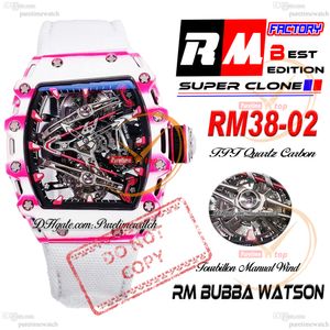 Bubba Watson 38-02 Manual Wind Tourbillon Mens Assista RMF Pink TPT quartzo carbono Squeleto de Red Dial Red Strap Strap Super edição