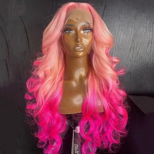 26Inch Ombre Pink Color Transparent Synthetic Lace Front Wig Drag Queen Loose Wave Highlight Cosplay Glueless Womens Lace Wigs 240523