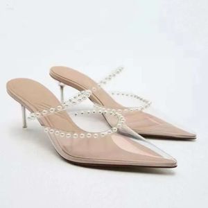 Perlschere hohe Ankunft Frauen Sandalen Verzierungen sexy transparent spitzer Zehen Stilettos Perfekte Hochzeitsmodische Party EF6