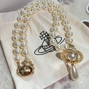 Lyxvarumärke 3D Saturn Water Droplet Pearl Necklace Designer Fashion Viviane Pendant Halsband Spicy Girl Pearl Necklace Jewelry High Version