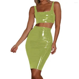 Sukienki robocze 2 -częściowe zestawy spódnicy seksowne kobiety sztuczne skórzane PVC Lateksowe wygląd kombinezonu zbiornikowe topy i wysokiej pasa ołówek mini lato 7xl