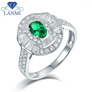 Cluster Rings LANMI Solid 14K White Gold Natural Round Baguette Diamond Green Colombia Emerald Promised For Engagement Fine Jewelry