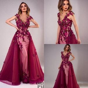 2020 Sexy Tony Chaaya Evening Dresses With Detachable Train Burgundy Beads Mermaid Prom Gowns Lace Applique Sleeveless Luxury Party Dre 226a