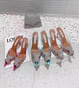 Aquazzura عالية الجودة مصممين الكعب النسائي الصنادل الكعب Crysta Buckle Party Wedding Dress Shoes Heel Sexy Back Str2500985