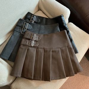 S3Xl Y2K Pu Leather Mini Skirt Women Vintage High Waist Pleated Skirts Streetwear Korean Black Slim Casual A Line 240520