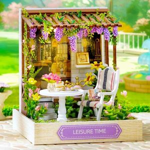 Doll House Accessories DIY Wooden Mini Casa Mini Building Kit Afternoon Tea Shop Doll House with Furniture LED Light Doll House Q240522