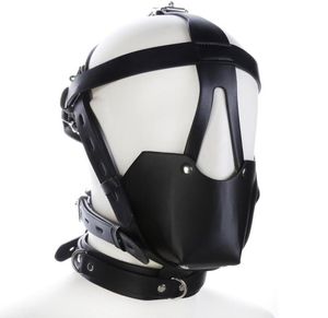 Black Leather Head Harness hood with Leather Muzzle and gag ball SM Bondage bdsm sex toys3034597