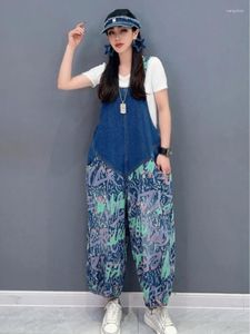 Jeans femminile qing mo blu 2024 patchwork estivo stampato bretelle casual sciolte pantaloni a nove punti di moda per ragazze zxy278