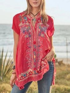 Damen T -Shirts Frauen Bluse Hemd Stickerei Lose Bohemian gegen Nacken kurzärmelig Blumendruck Indie -Volk Top für weibliche Damenkleidung