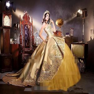 2019 Gorgeous Gold Applique Ball Gown Prom Dresses With Detachable Train Sweetheart Quinceanera Gowns Sweet 16 Birthday Party Prom Wear 293T