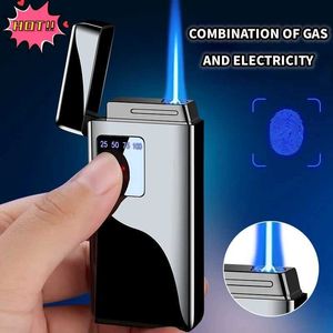 Lighters Metal Electric Blue Flame Ice Plating Digital Display Power Supply Touch Sensor Outdoor Windproof Spray Cigar Flashlight Gas Free Q240522