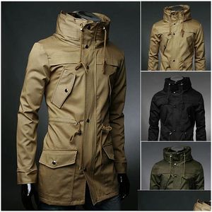 Mens Trench Coats Wholesale- New England Style High Collar Jacket Men Army Green Business Casual Slim Windbreaker For Coat M-Xxl Drop Otzjw