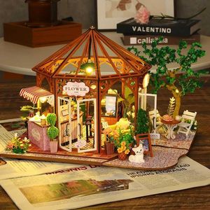 Akcesoria dla lalek DIY Drewniana lalka dom kwiat kawa miniaturowe miniaturowe zestawy do budynków Dollhouse z meblami willi dla dziewcząt prezenty urodzinowe Q240522