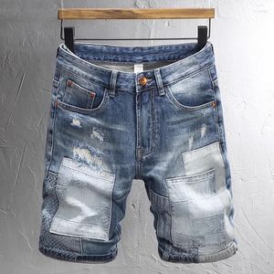 Jeans masculinos Moda de verão Vintage Men Retro Lavado Azul Slim Slim Fit Ripped Rether Patched Designer Hip Hop Denim Shorts