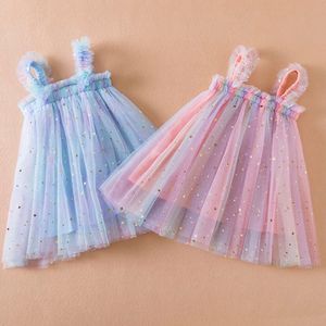여름에 베이비 옷 1-5 년 서스펜더 민소매 유아 여자 드레스 무지개 색 얇은 명주 그물 생일 파티 드레스 L2405