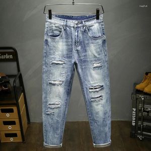 Мужские джинсы хип -хоп Свободный конический гарем разбитый укороченные брюки светло -голуба