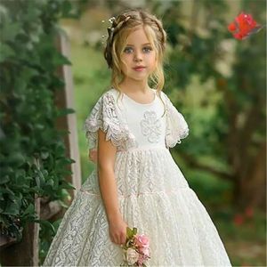 Flower Girl sukienka księżniczka Biała koronkowa tiul z krótkim rękawem