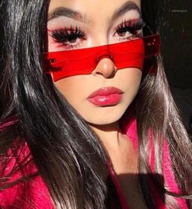 Solglasögon trendig en bit liten smal rektangel för kvinnor 2021 Rimless Flat Top Sun Glasses Pink Yellow Red Tinted Shades12230988