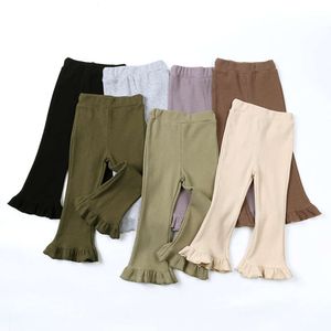Children's Solid Elasticity Leggings Cotton Ruffle Trousers 1-8 Years Kids Boot Cut Pants Toddler Girls Flares Pant L2405