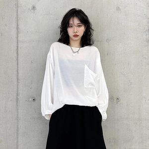Kvinnors T-skjortor Hong Kong-stil vintage y2k lös långärmad toppar kvinnor o-hals batwing singel ficka botten ropa de mujer