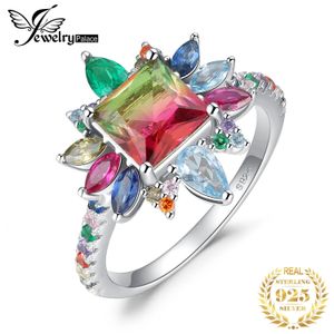 Jewelrypalace varış 46ct nano simüle karpuz turmalin yarattı Ruby 925 STERLING Gümüş Halo Yüzüğü Kadın Kız 240521