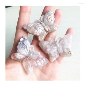 Decorative Figurines Natural Carved Cherry Blossom Agate Butterfly Crystal Healing Gemstone For Sale