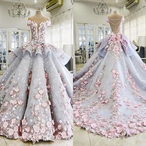 2022 Light Blue Luxury Puffy Quinceanera Ball Gown Dresses 3D Flowers Lace Appliques Cap Sleeves Peplum Sweet 16 Floor Length Party Pro 309g