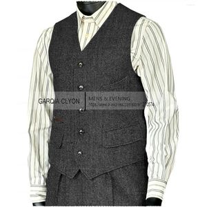 Mäns västar Mens passar Vest Lapel V Neck Wool HerringBone Casuybusiness Waistcoat Groomman For Wedding Tweed Business