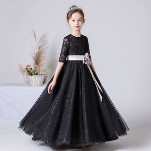 Dideyttawl preto tule vestido brilhante garotas meia manga de renda vestidos de flor longa para casamento e festas l2405