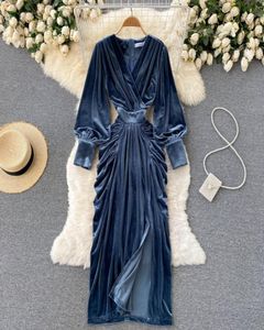 Women Blue Draped Velvet Long Dress Elegant Vneck Lantern Sleeve High Weist Barty Robe Female Autumn Winter Fashion 20221366248