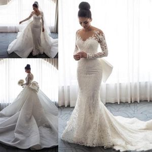 2019 Luxury Mermaid Wedding Dresses Sheer Neck Long Sleeves Illusion Full Lace Applique Bow Overskirts Button Back Chapel Train Bridal 277I