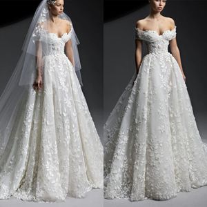 Stylish A Line Wedding Dresses With Veil Sweetheart Lace Applique Off Shoulder Tiered Sweep Train Vestido De Novia