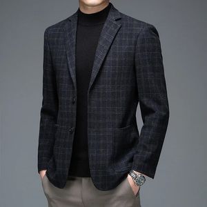 England Styel Men Plaid Wool Blazers Gray Navy Brown Checkered Pattern Sheep Wool Jacket Suit Man Classical Outfit Uniform 240507