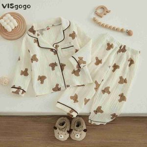 Pyjamas Pyjamas Visgogo Childrens Unisex Cotton Linen Pyjamas Set Bear Print långärmad framficka Flip Collar Top Pants Spring WX5.21757