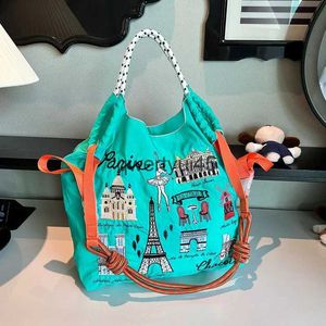 Shoulder Bags Cartoon Embroidery Shoulder Bag Overlarge Iron Tower Designer Eco Bags for Women Handbags Nylon Recycle Shopper Purses H24523