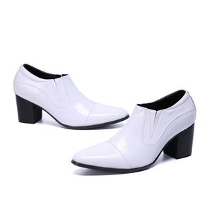 Mens Leather Shoes High Heels White Formal Genuine Leather Oxford Pointed Slip-on Wedding Party Shoes Omqhg