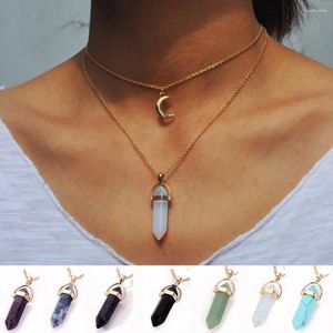 Choker Vintage 2 Schicht natürlicher Opalstein Anhänger Halsketten Gold Farbe Mond Halskette für Frauen Schmuck Collier Femme #229163