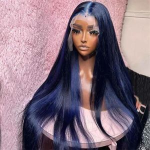 Mxwigs cor azul escuro e reto sintético 13x4 peruca frontal de renda para mulheres cabelos de bebê nsity sem glueless cosplay 240523