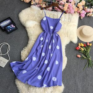 Casual Dresses Temperament Polka Dotted Slim Spaghetti Strap Long A-line Swing Dress