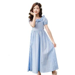 Kids Teen Girls Dress Retro Princess Maxi Long New 2024 Summer Children Cotton Plaid Casual Clothing Elegant 4 To 16Years L2405