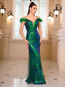 Basic Casual Dresses Luxury sequin feather evening dress party ball and ball dress shoulder V-neck backless and sleeveless J240523