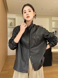 Women's Leather Simple Black Genuine Shirt Jacket For Women Spring Autumn 2024 High-end Loose Casual Real Sheepskin Coat
