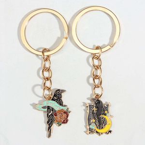 Cute Enamel Keychain Moon Flower Crow Feather Bird Ring Animal Key Chains Friendship Gift For Women Men DIY Handmade Jewelry