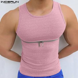 Men Tank Tops Zipper Solid Color Streetwear O-neck Sleeveless Stylish Vests Skinny Summer Casual Men Clothing S-5XL INCERUN 240523